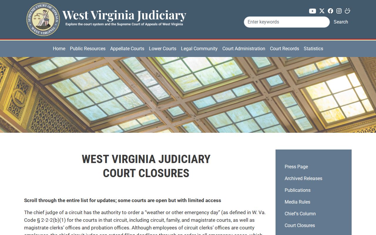 West Virginia Judiciary court closure and open-status page