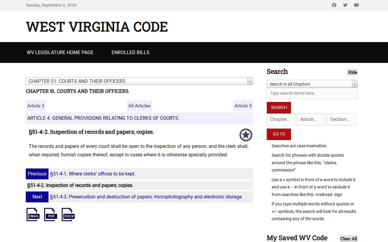 West Virginia Code section 51-4-2 on inspection and copies of court records