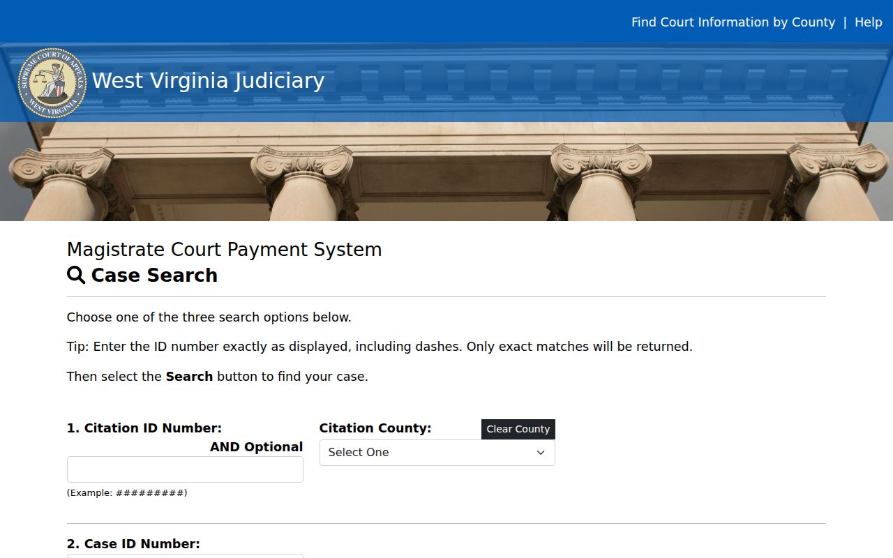 West Virginia Magistrate Payment System citation, case, and payment-plan fields