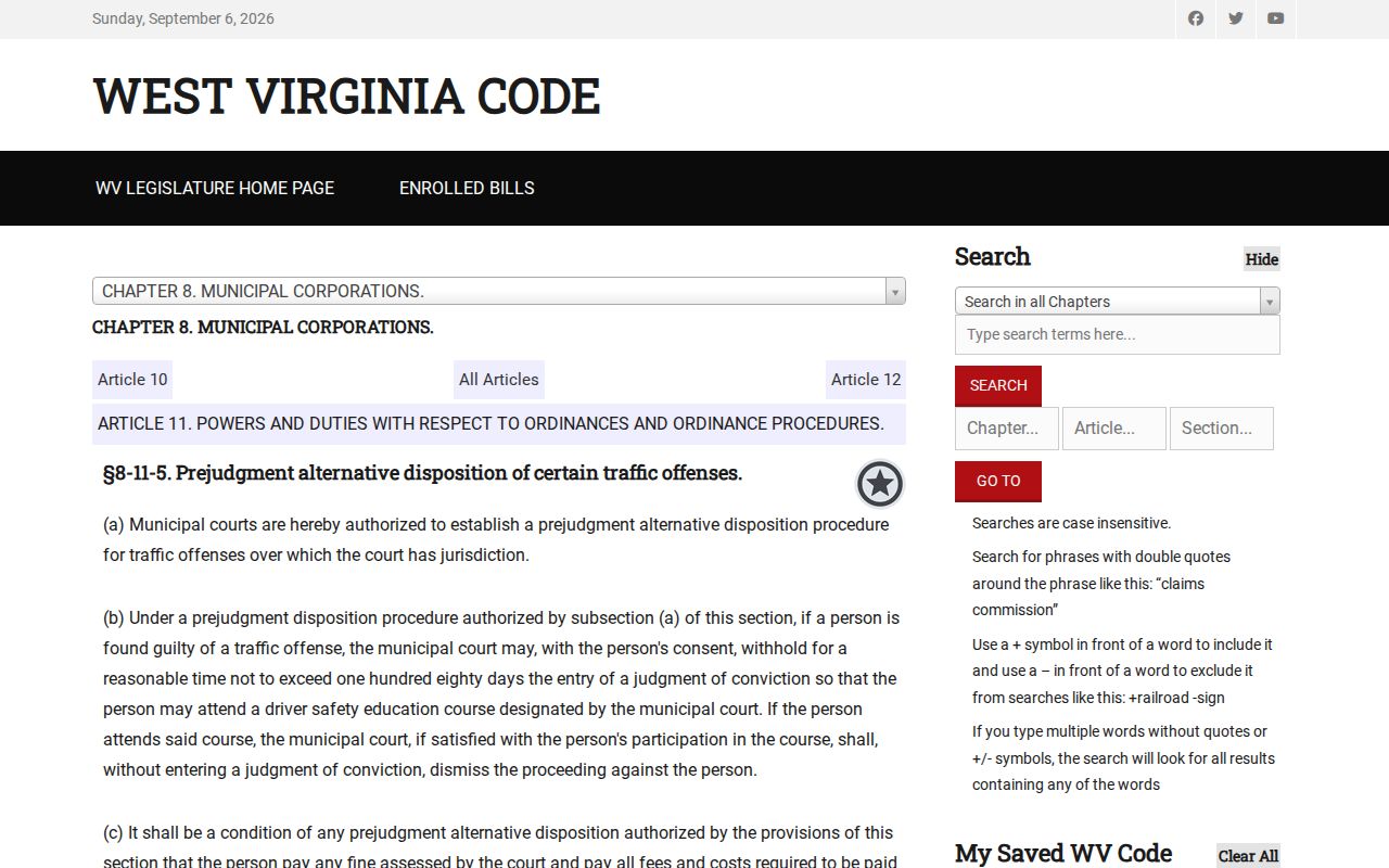 West Virginia municipal traffic alternative-disposition statute