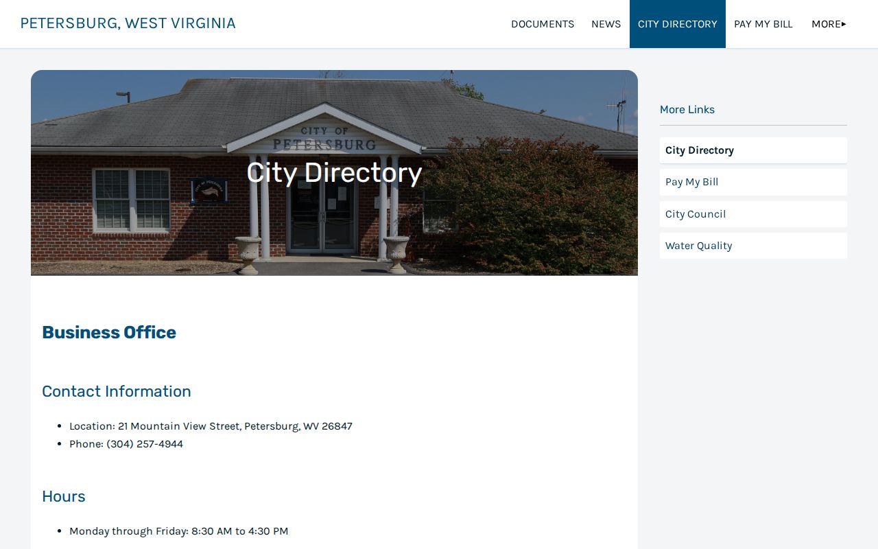 Petersburg city directory with business office phone and hours