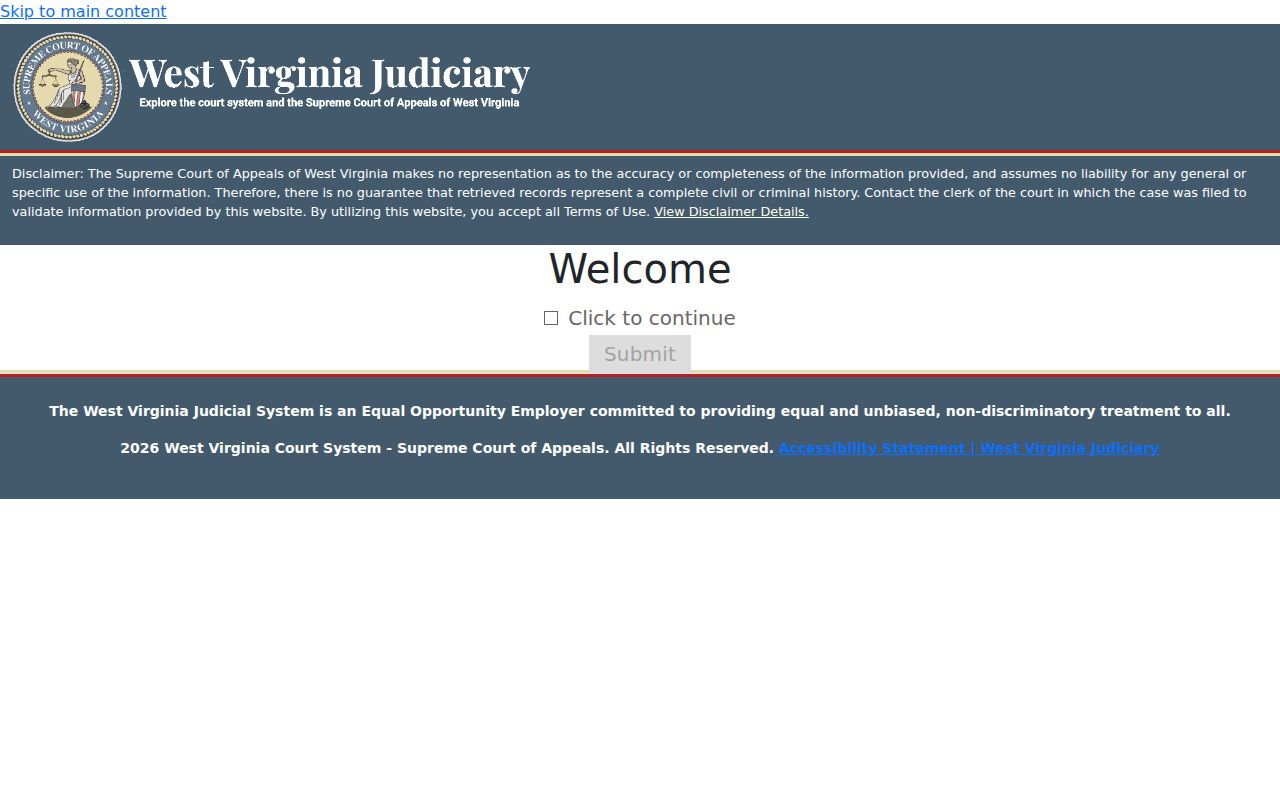 West Virginia Magistrate Case Record Search entry screen